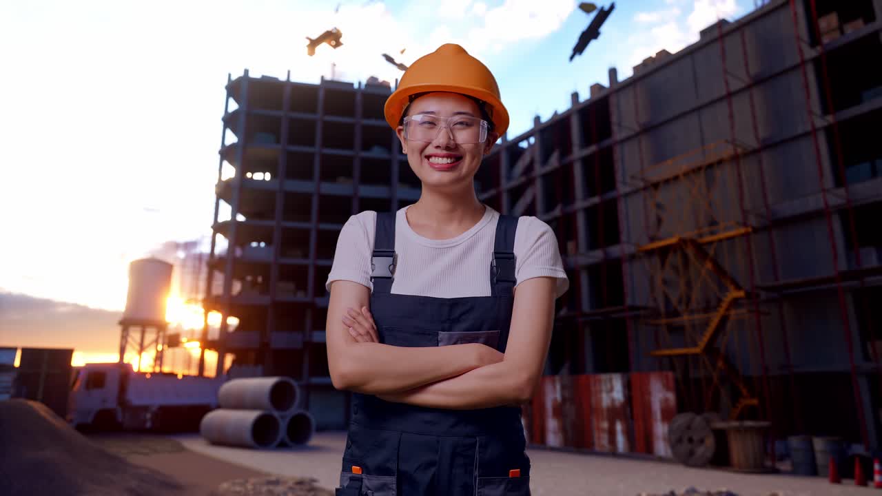 Asian Woman Worker Wearing Goggles And Safety Helmet Smiling And Crossing Her Arms While Standing At Construction Site