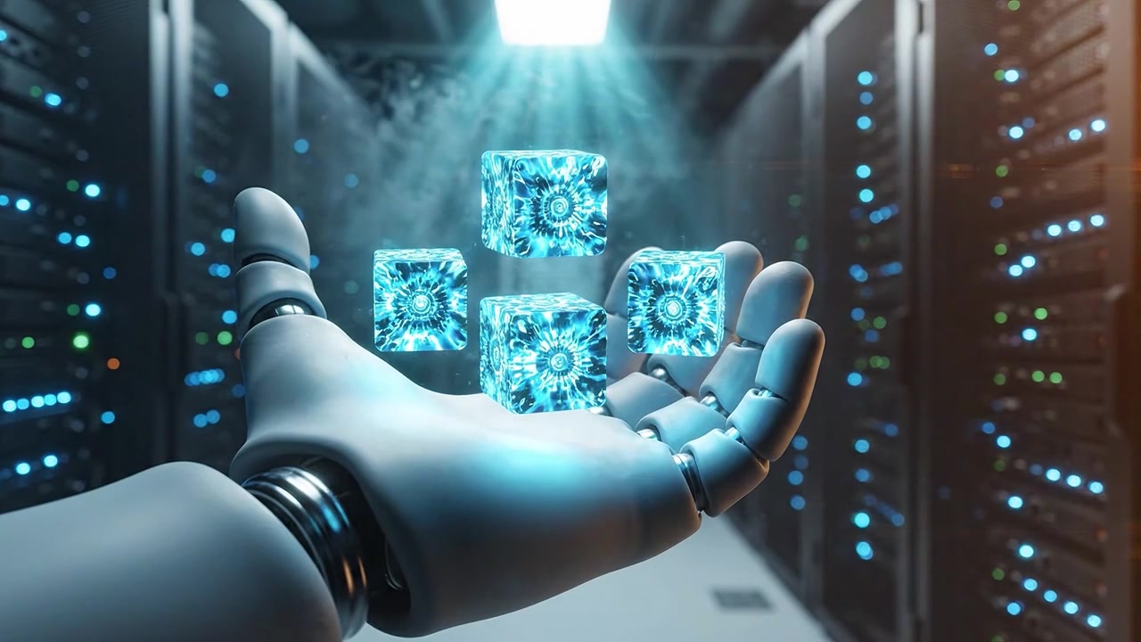 A robotic hand holding a glowing digital cube in a server room, symbolizing advanced technology, artificial intelligence, and futuristic data processing capabilities.