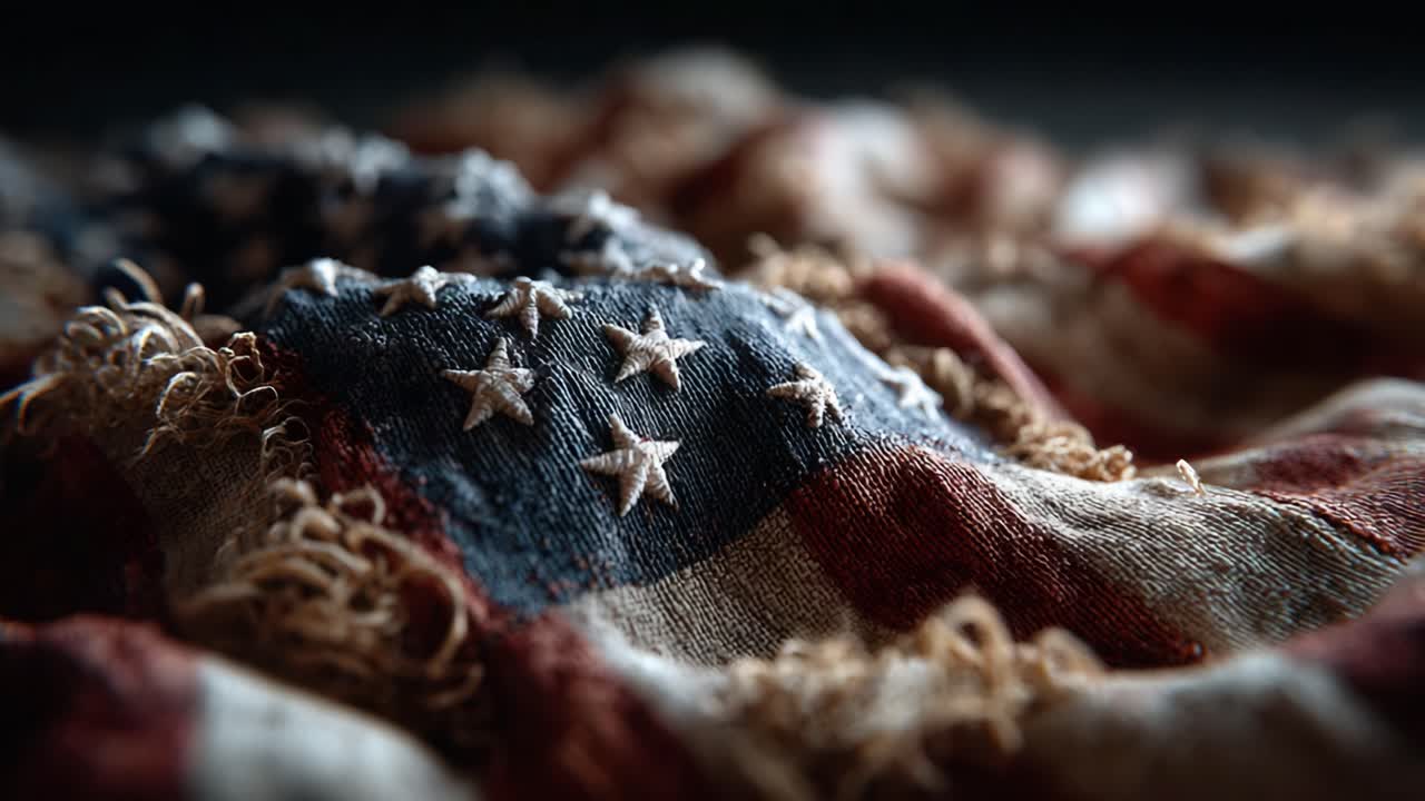 A Close-Up View of a Worn American Flag, Showcasing its Textured Fabric and Historical Significance, Highlighting the Rich Colors and Faded Patterns