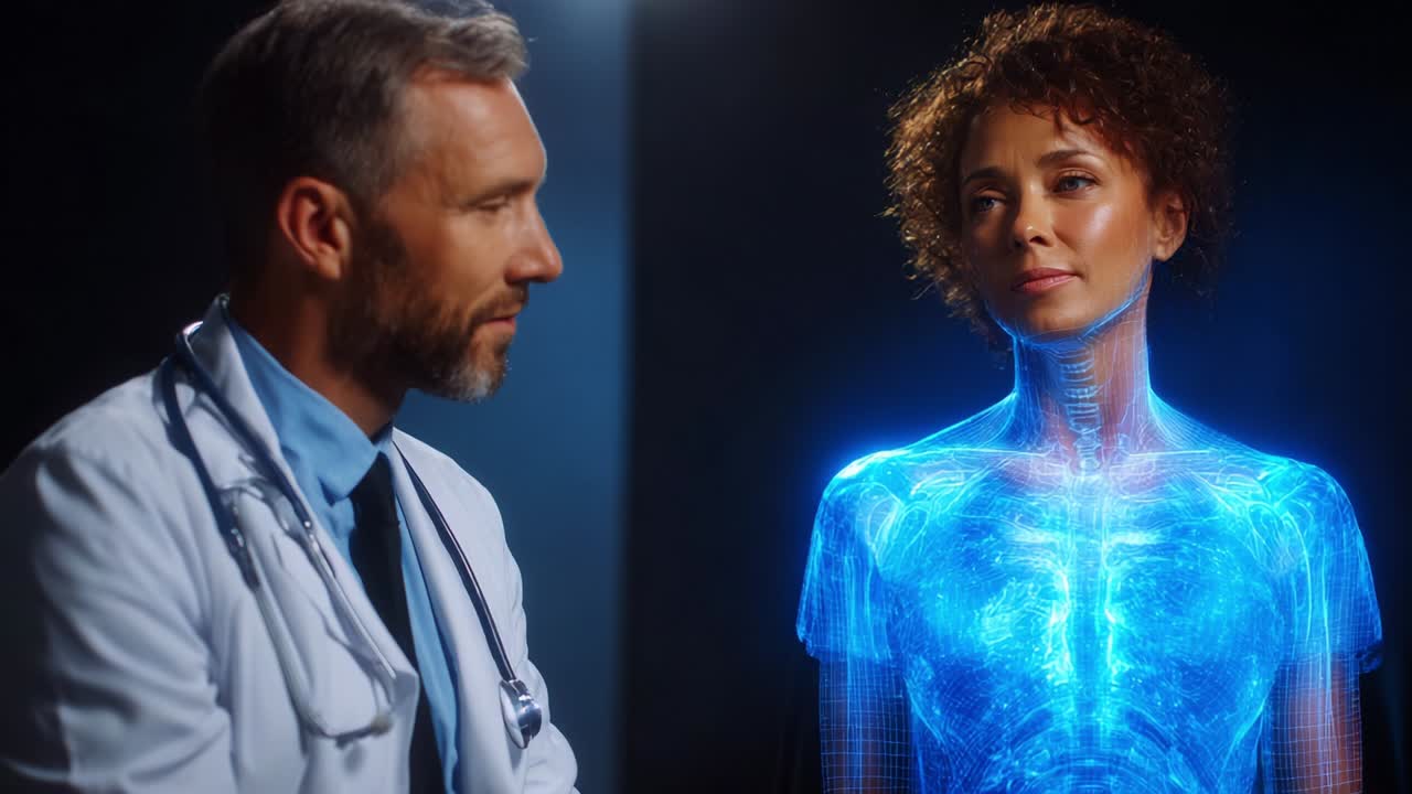 Zdravotník provádí podrobnou konzultaci s futuristickou holografickou projekcí anatomie, která představuje pokročilou technologii ve zdravotnictví a interakci s lidmi prostřednictvím inovativní vizualizace.