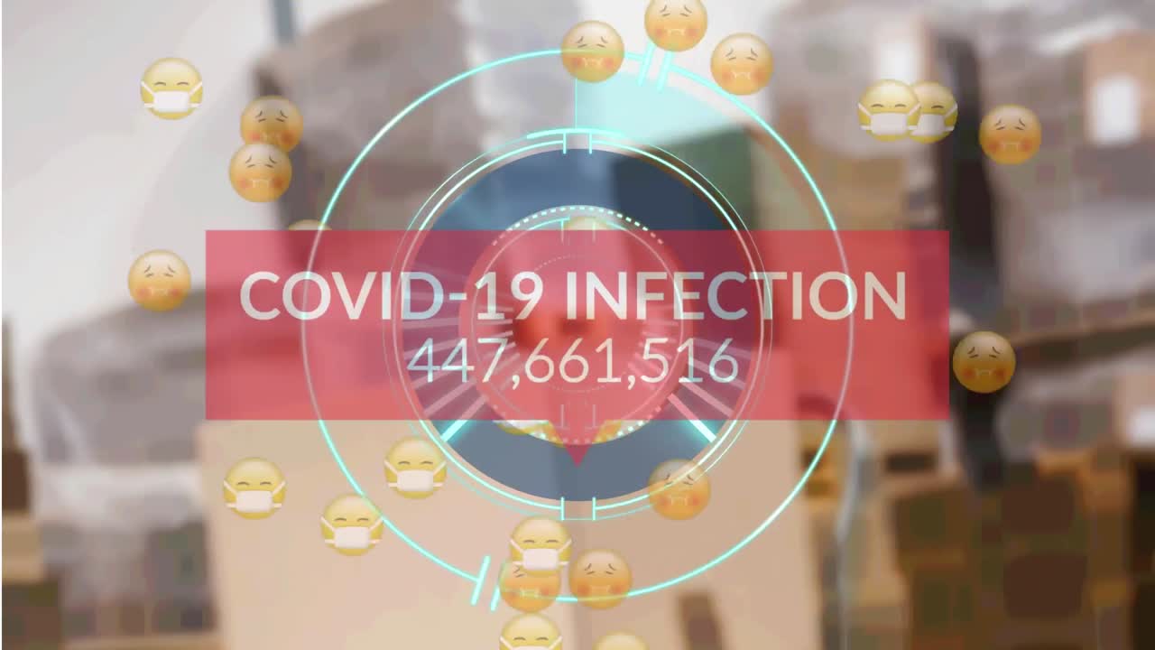Animation of covid infection counter and sick emojis over packages in warehouse