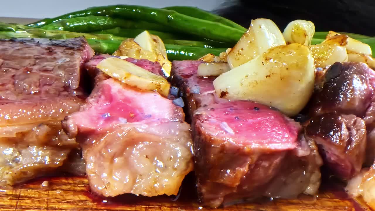 Primo piano di una succosa bistecca al sangue con cipolle e fagiolini grigliati su un tagliere di legno