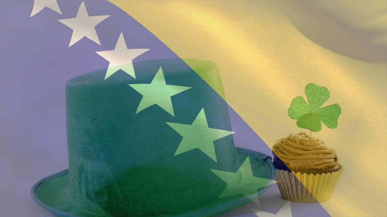 Bandiera trasparente che sventola, rivelando un cappello verde e un cupcake sul tavolo mentre si sposta, creando patriottismo