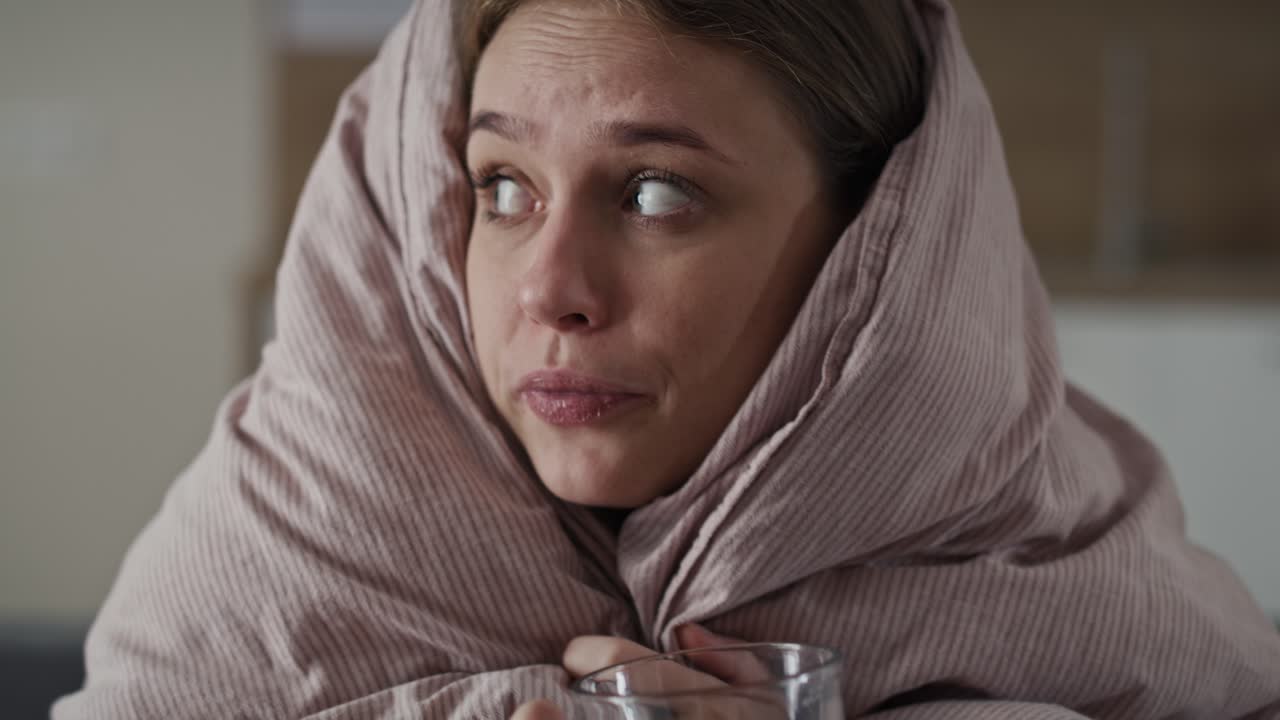 Caucasian woman sitting under the duvet with tea at home.