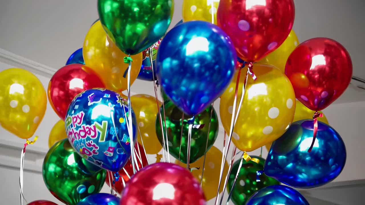 Vibrant video still of colorful balloons in red, blue, green, and yellow