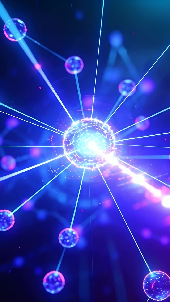 Video verticale: Flusso magenta-blu che si propaga, filamenti centrali energizzanti, sfere in una rete digitale.