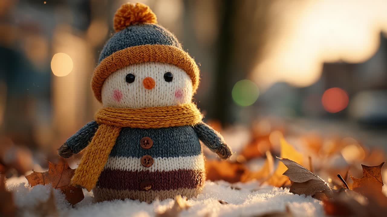 Charming Handmade Snowman in Cozy Knitted Attire Surrounded by Autumn Leaves and Snow, Emanating a Warm Glow Amidst a Wintery Landscape