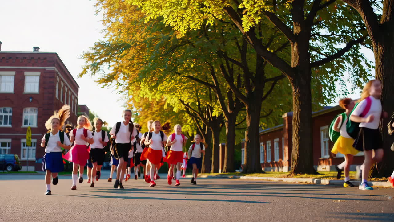 Happy School Children Running Outdoors