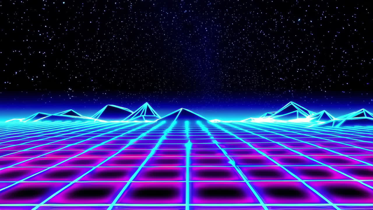 Retro-Futuristic Neon Grid Landscape with Starry Sky