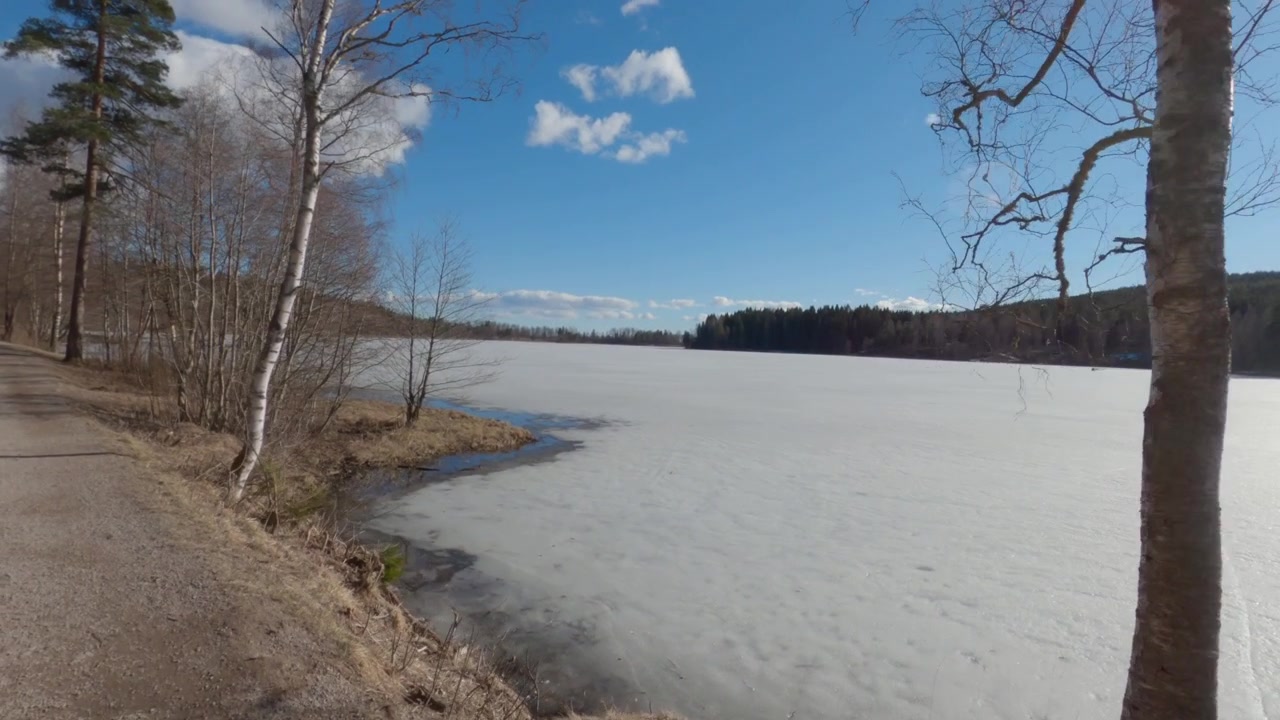 Frozen Sognsvann Lake shoreline in Oslo bordered by trees beneath bright blue spring sky