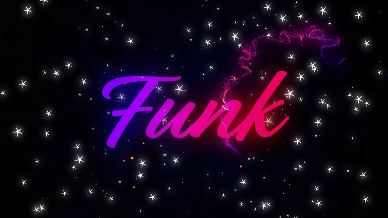 Funk text animation over sparkling stars and colorful nebula on dark background