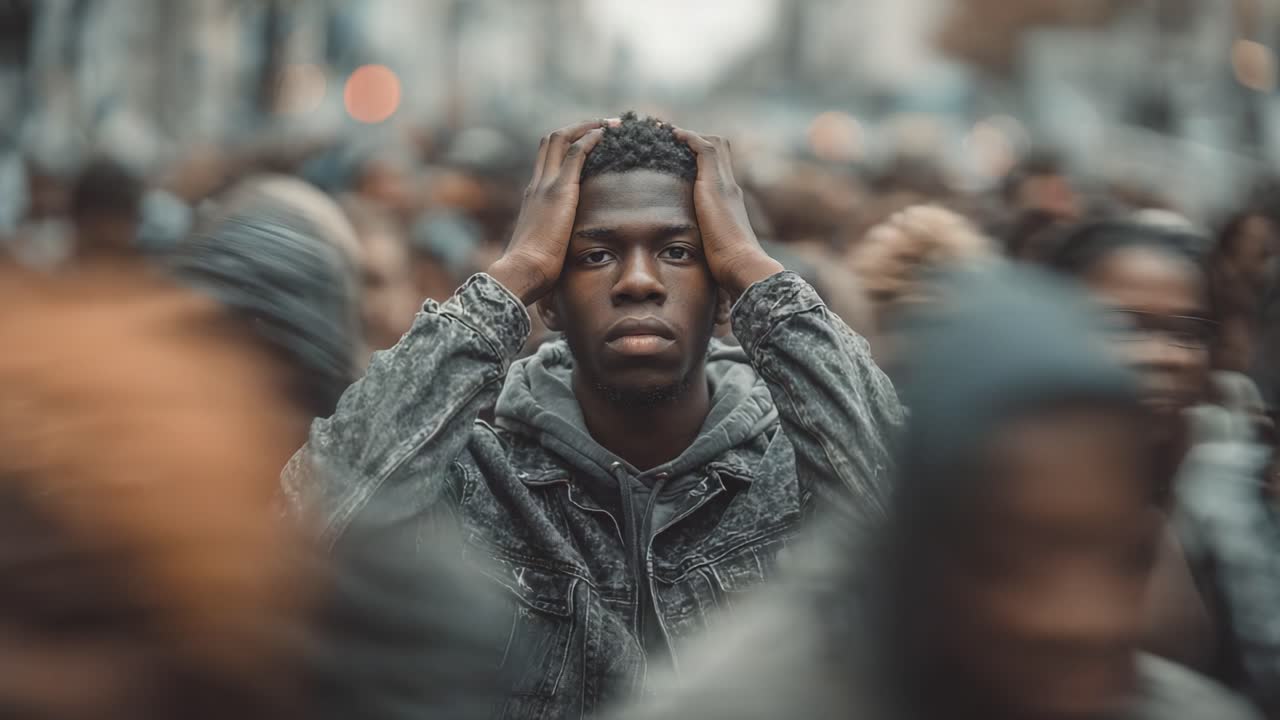 A Young Man in Distress Amidst a Crowded Street, Gripping His Head with a Look of Anxiety, Symbolizing Overwhelming Emotions in a Chaotic Environment