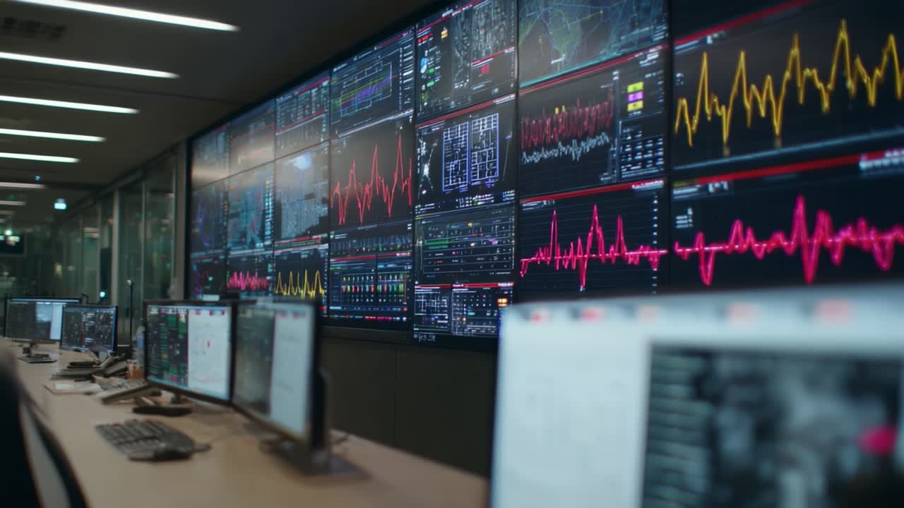 A High-Tech Control Room with Multiple Screens Displaying Data, Analytics, and Graphs for Monitoring and Analysis in Real-Time Operations