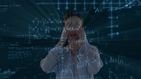 animation of an anxious caucasian woman with floating mathematics formulae on black background