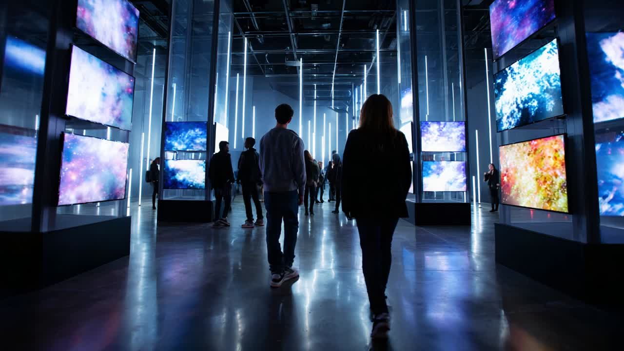 A Mesmerizing Display of Digital Art: Visitors Journey Through an Immersive Exhibition, Engaging with Vibrant Visuals and Stunning Light Installations in a Modern Gallery Space