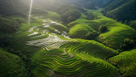 aerial view of lush terraced rice fields bathed in golden sunlight, showcasing the vibrant green landscape and intricate agricultural patterns of cultivated hills