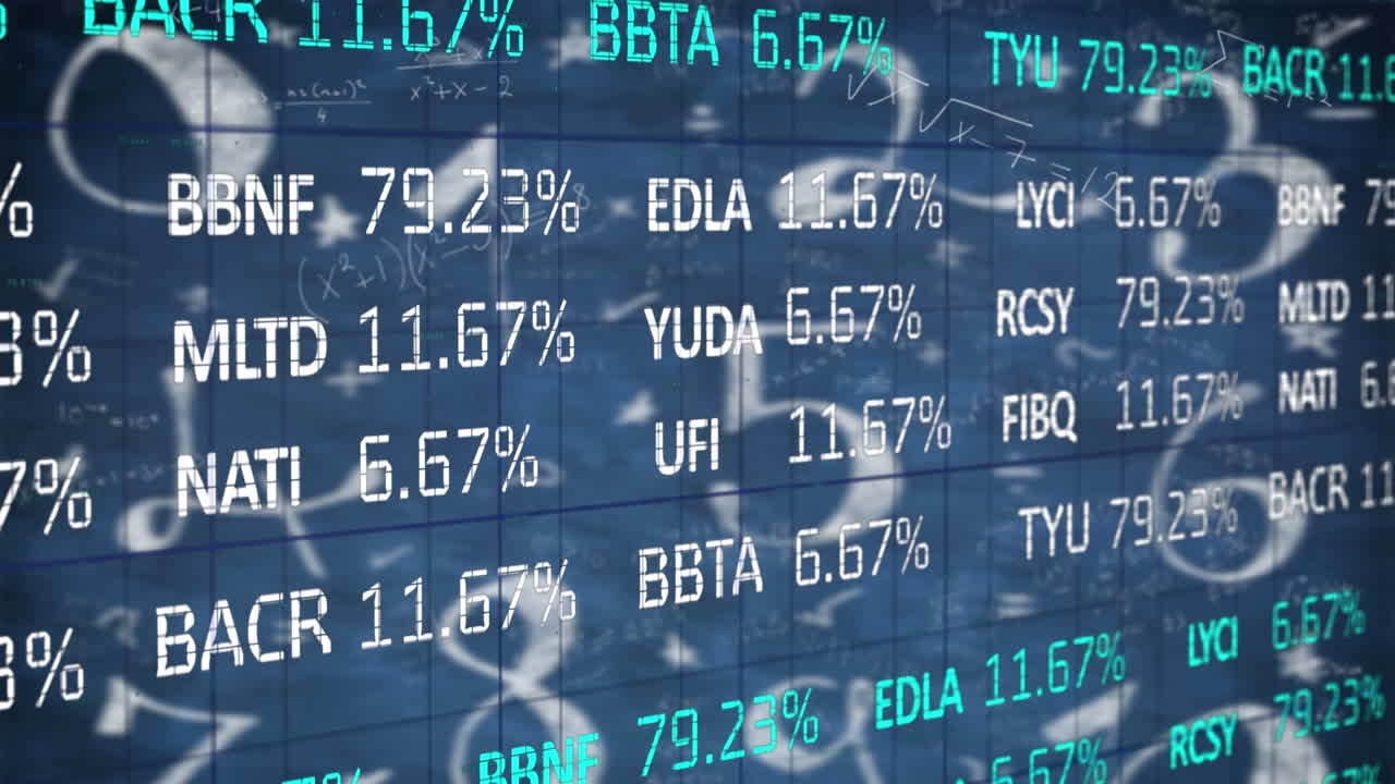Animation of stock market over mathematical equations on blue background