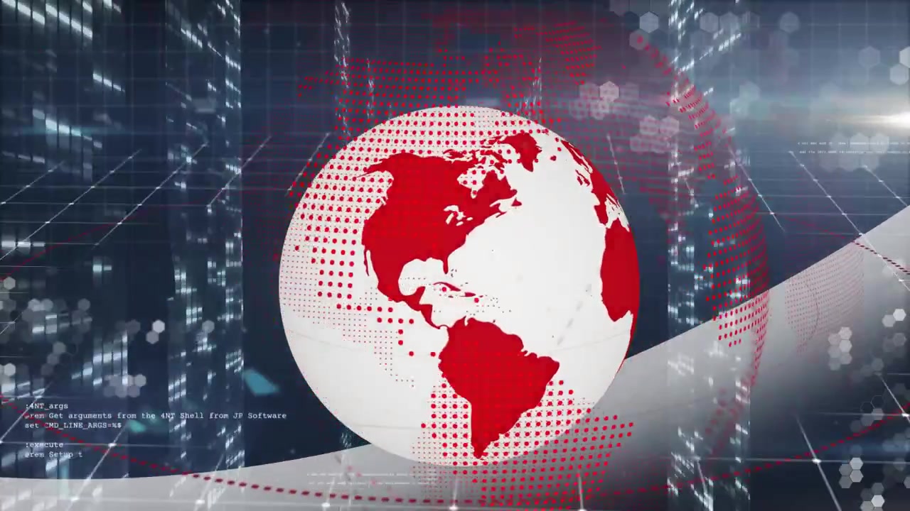 Al iniciar, un globo rojo y blanco girando a la izquierda con puntos de datos y líneas de código visualizando el flujo de datos.
