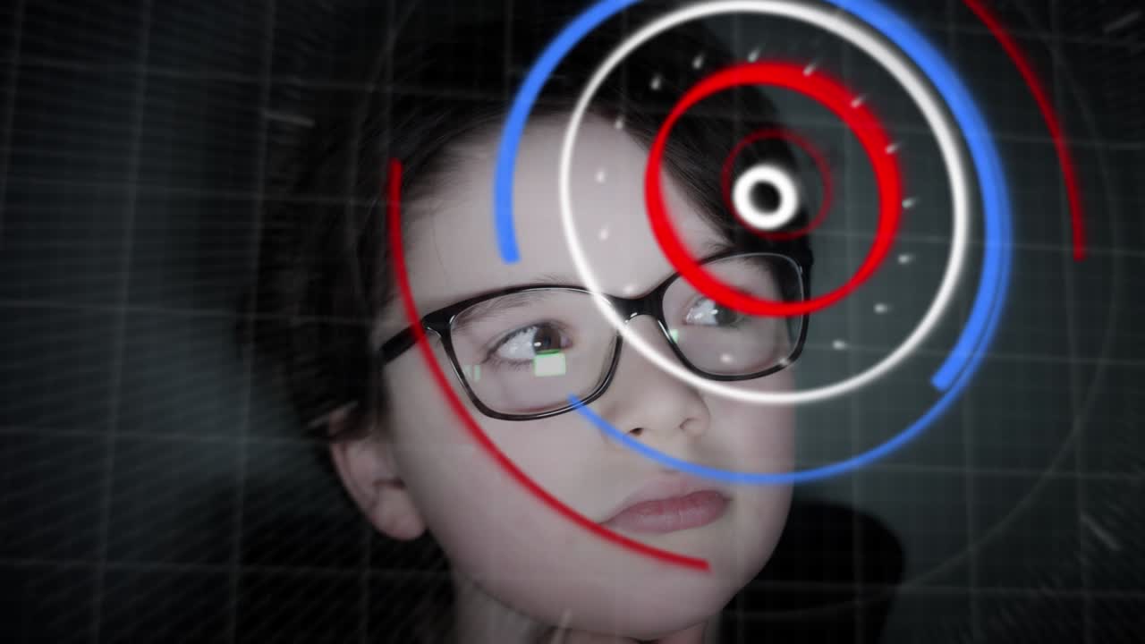 4k 미래의 아이가 애니메이션을 둘러보고 있습니다.