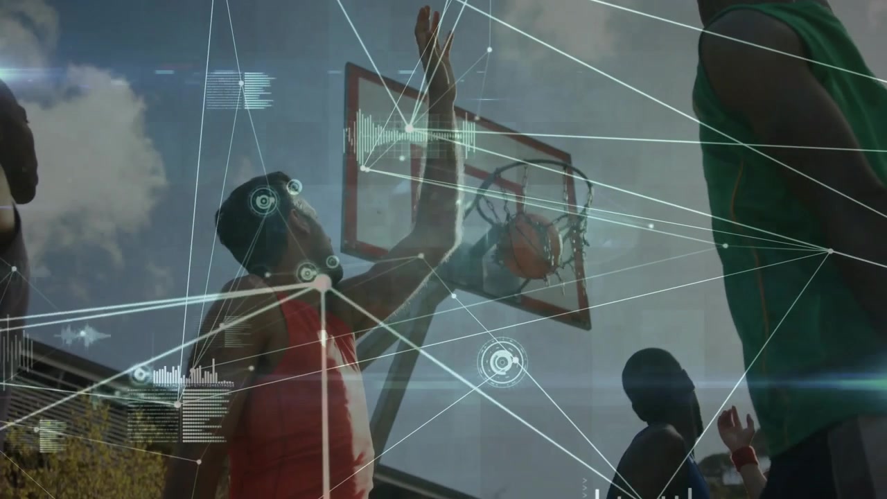 Ball dropping causing red player leaping and contesting rebound as sports HUD lines spanning court