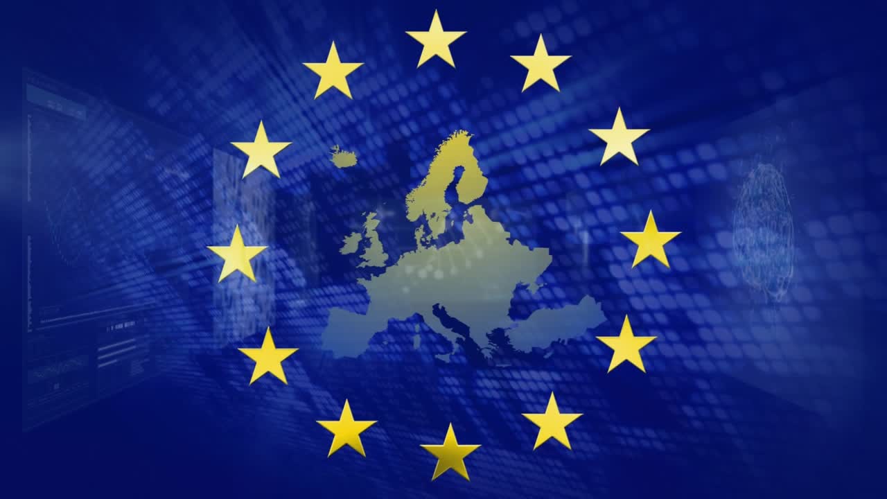 Animazione di elaborazione dati su bandiera UE