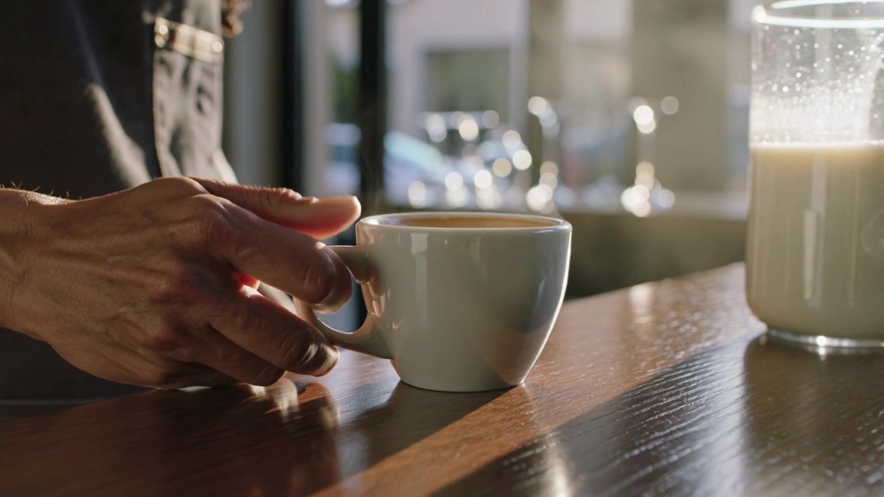 Tazza fumante, mani di barista con grembiule scuro che afferrano il manico su un bancone illuminato dal sole, bricco del latte che serve.