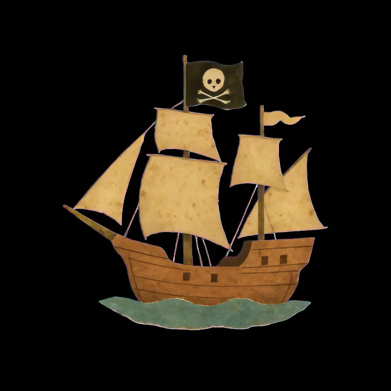 Vintage pirate ship illustration animation isolated asset, transparent 4K video, alpha channel