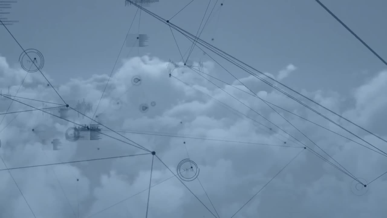 Animation of network of connections over clouds in background