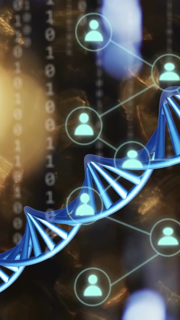 Vertikal video: Ved afspilning bevæger en blå DNA-helix sig til højre, drejer og viser binære data og noder, der forbinder data.