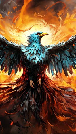 fierce phoenix rises from flames with vibrant blue and orange feathers