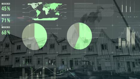 animation of houses, financial data processing and statistics