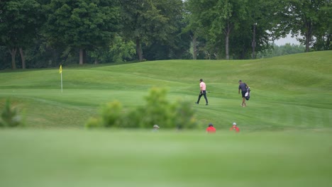 golfers approaching the green with their caddies on a golf course to putt their balls