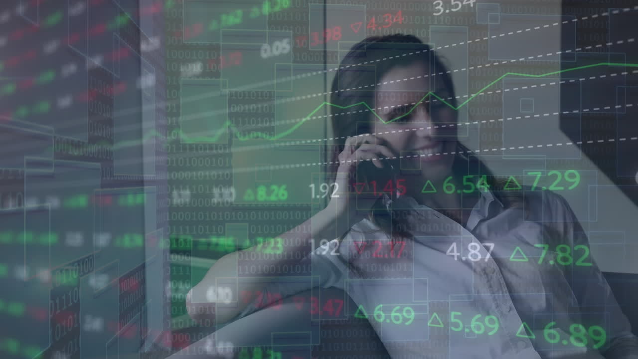 Animation of financial data processing over businesswoman using smartphone