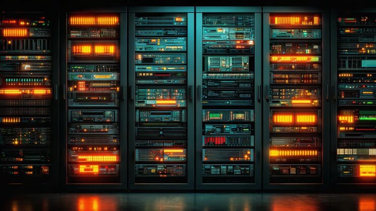 A captivating view of a vibrant data center featuring an array of intricate server racks illuminated with colorful lights, showcasing complex technology and digital connectivity