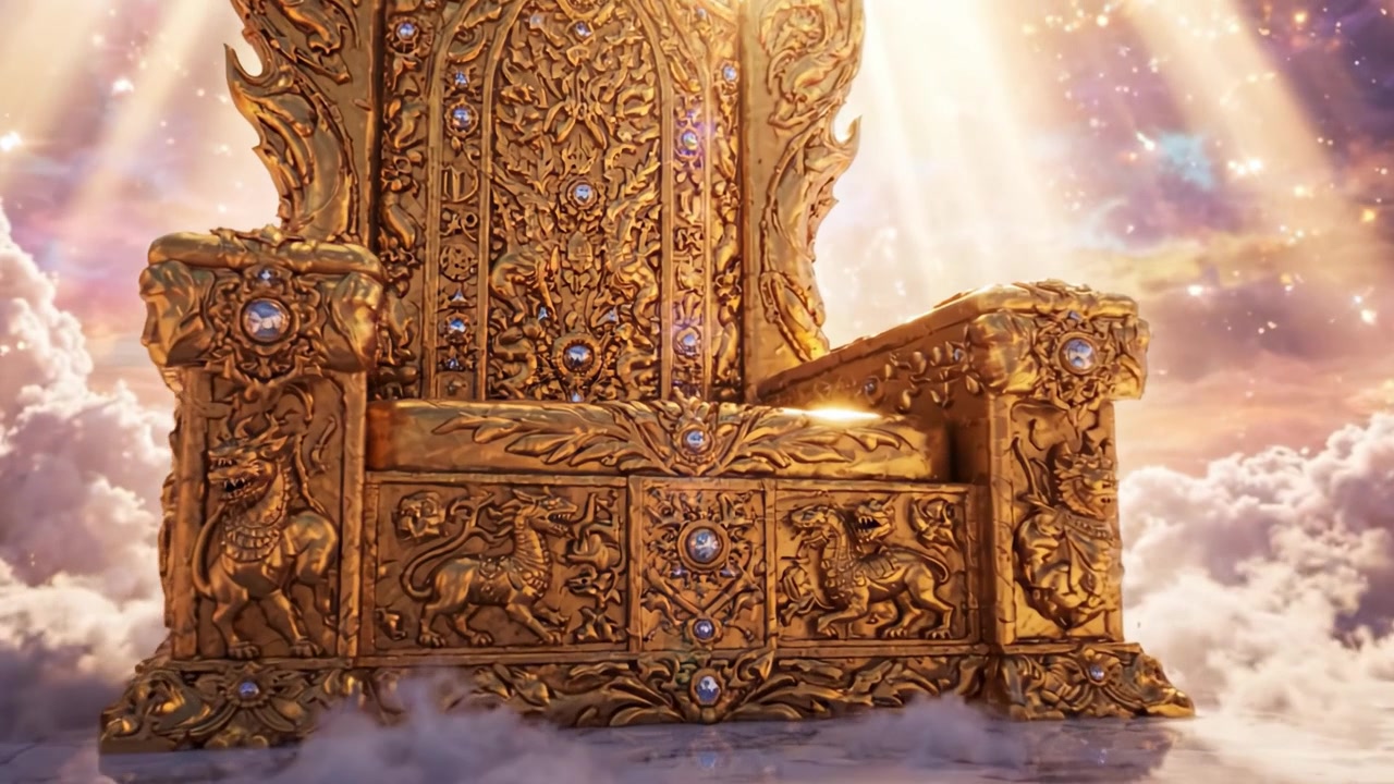 A Majestic Golden Throne Illuminated by Radiant Light Amidst Ethereal Clouds, Symbolizing Authority and Power in a Fantastical Realm of Wonder