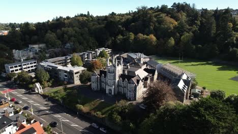Aerial-view-of-Otago-Boys-High-School,-historic-architecture-typical-for-Dunedin-city,-New-Zealand