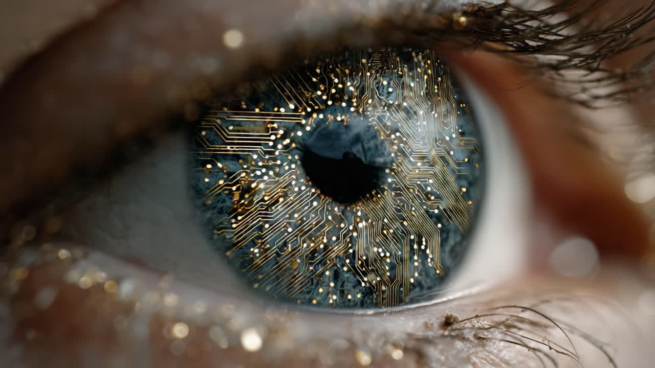 Esplorando l'intersezione tra tecnologia e natura: un primo piano di un occhio umano che riflette le complessità di un mondo circuitato con dettagli scintillanti