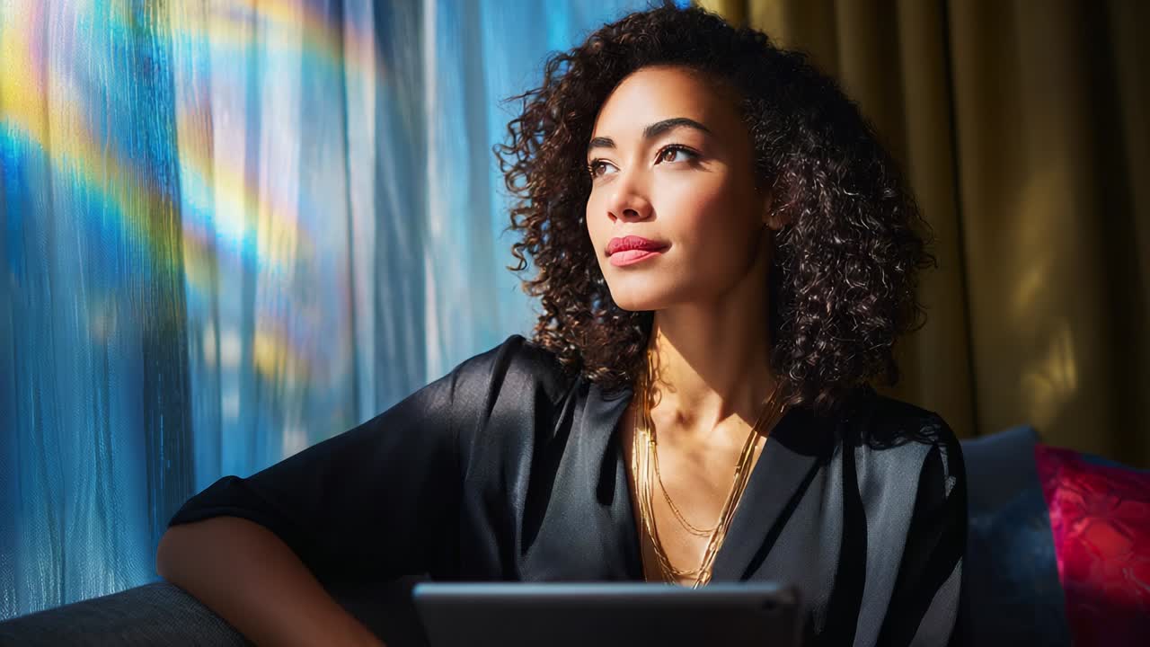 Contemplative Moments: A Woman in a Luxurious Space Engaged with Her Tablet, Bathed in Natural Light and Colorful Reflections from the Window That Enhance the Atmosphere of Introspection and Elegance