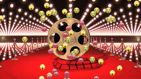 animation of emojis, film reel and stanchions on red carpet and lights flashing in background