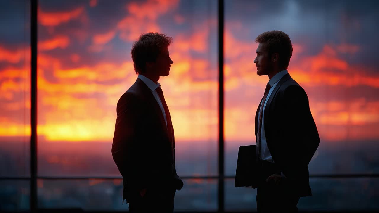 Due professionisti impegnati in un'intensa conversazione in controluce su uno splendido tramonto, che evidenzia i temi della discussione, della collaborazione e della leadership