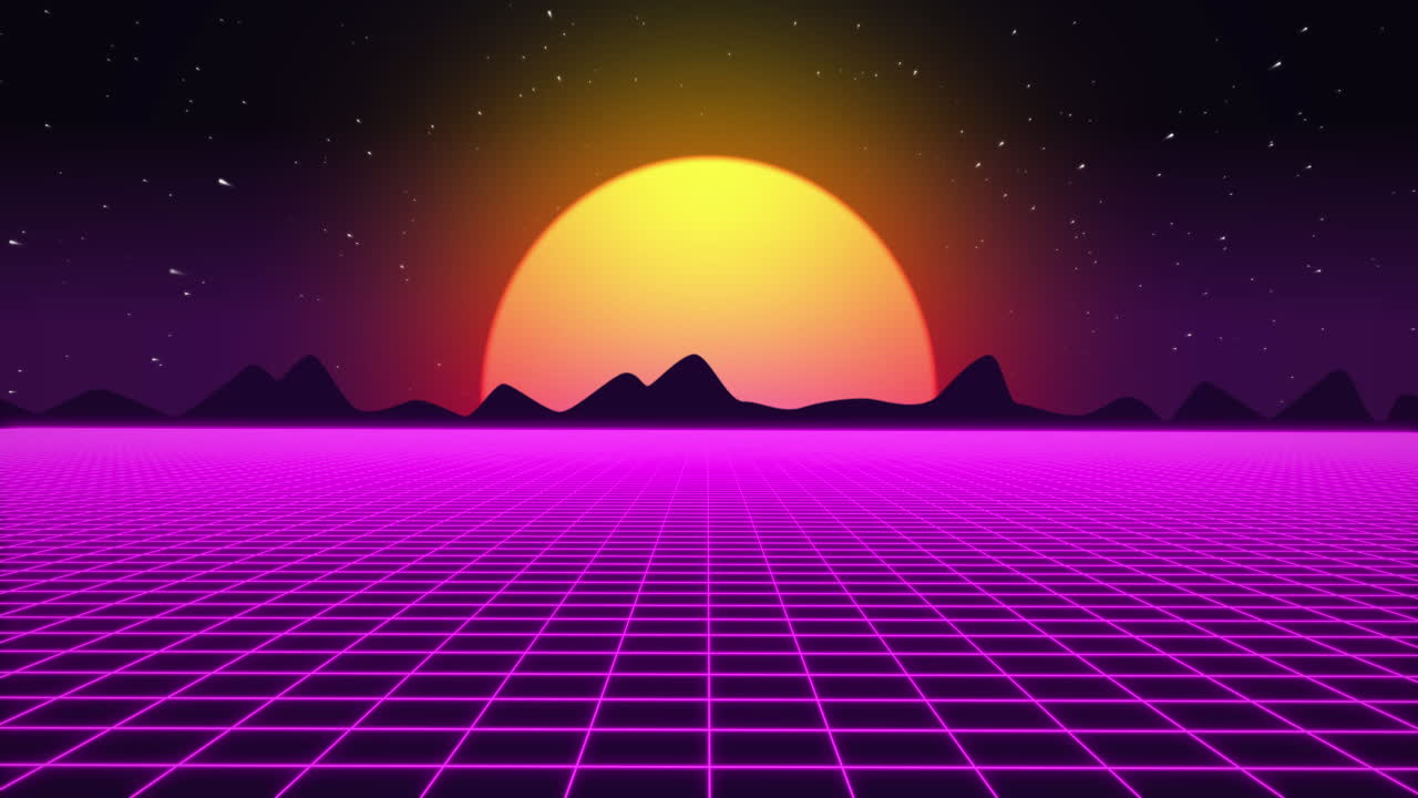 Animation of gaming features and equipment with sunset and grid on black background