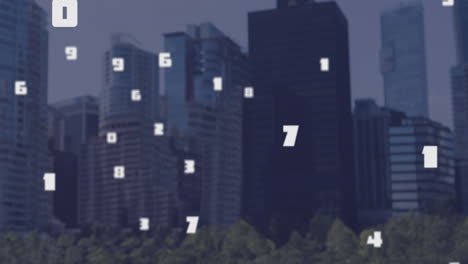 animation of floating numbers over cityscape