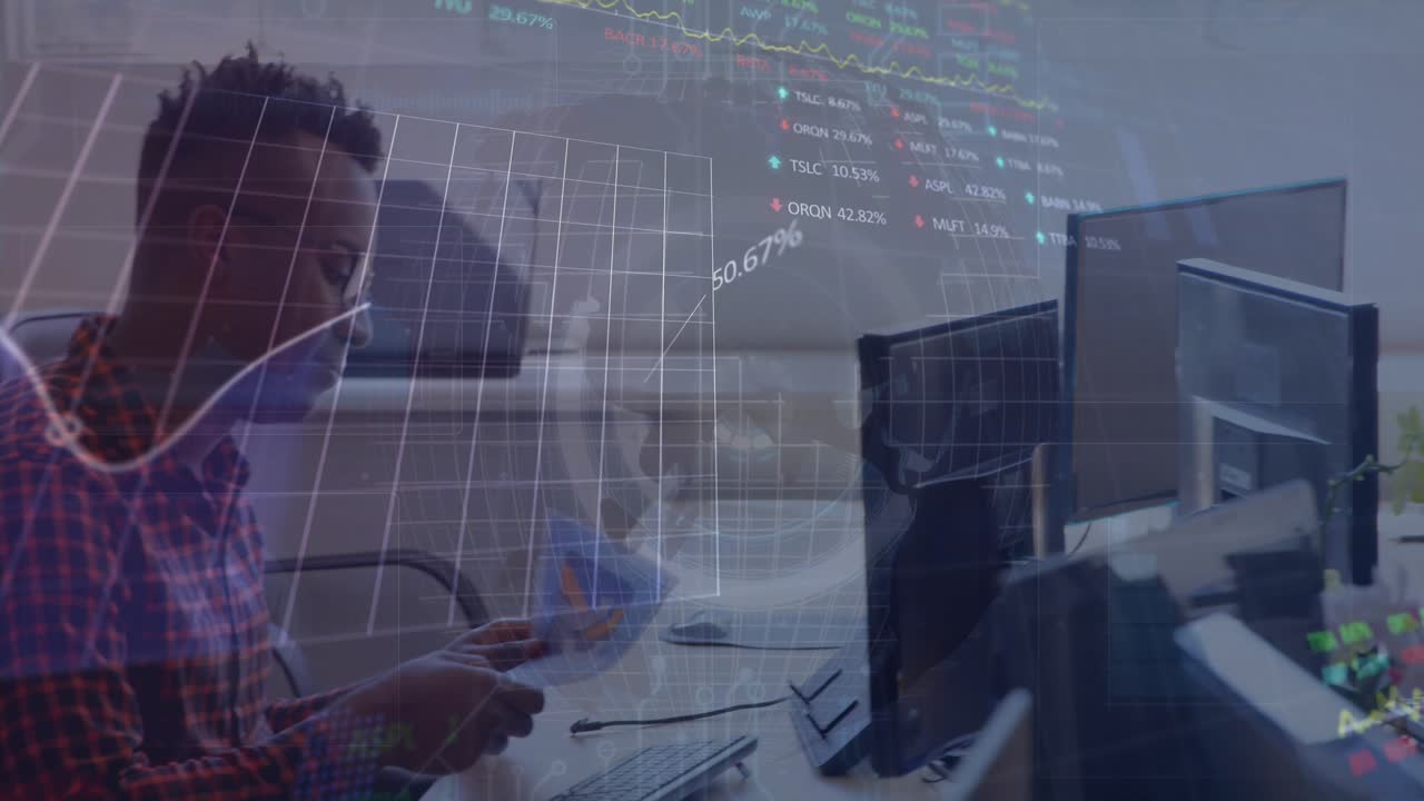 Animation of globe, graphs, trading board over multiracial coworkers discussing report at office