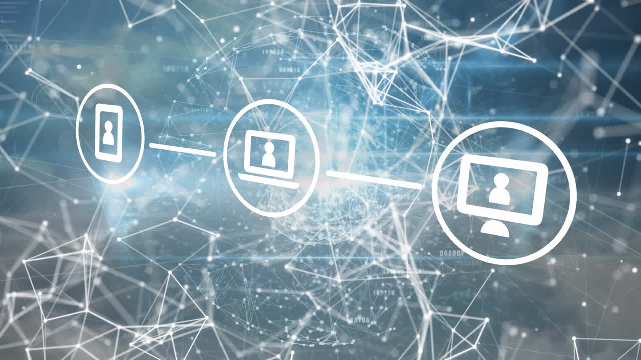 animación de la red de conexiones con iconos sobre el cielo