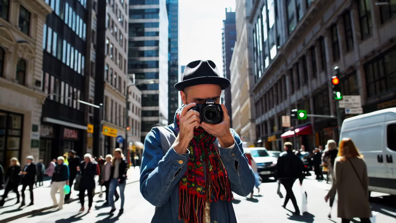 Photographer taking a picture on a crowded city street
