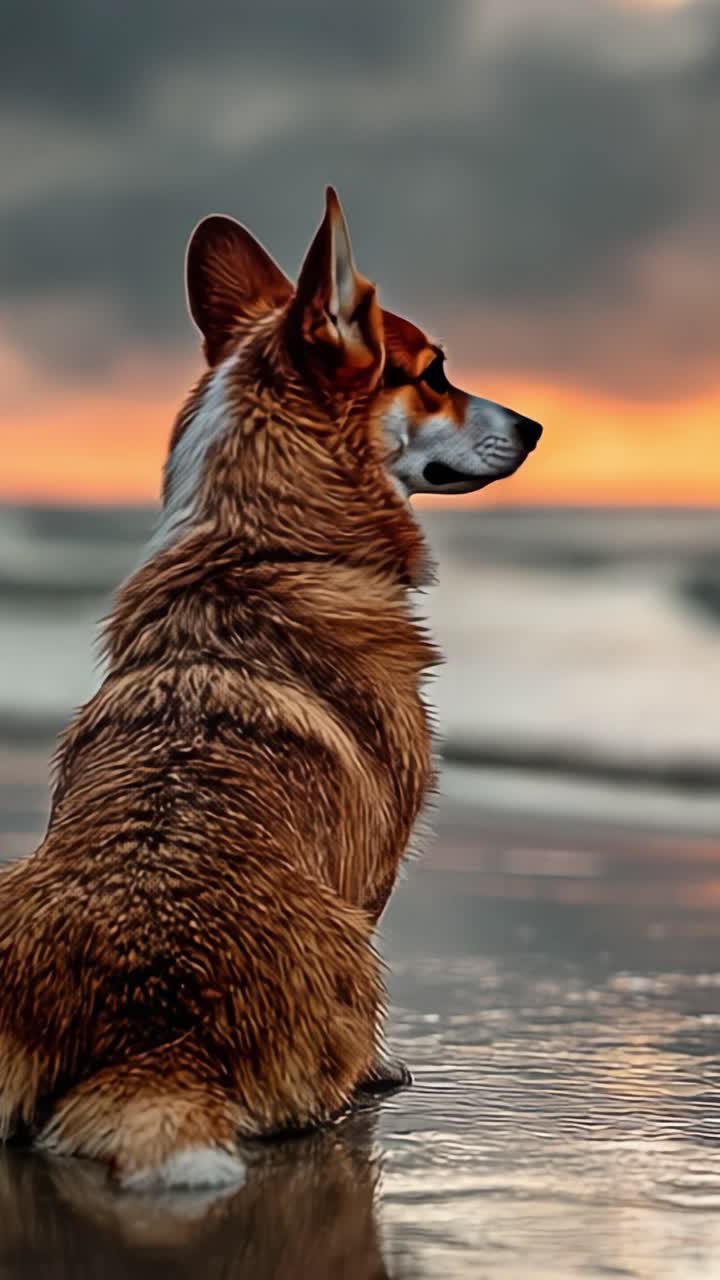 Nazik Dalgaların Sesi ve Doğanın Güzelliği Arasında Bir Huzur Anını Yakalayan, Okyanus Kenarında Sakin Bir Gün Batımının Tadını Çıkaran Bir Corgi.