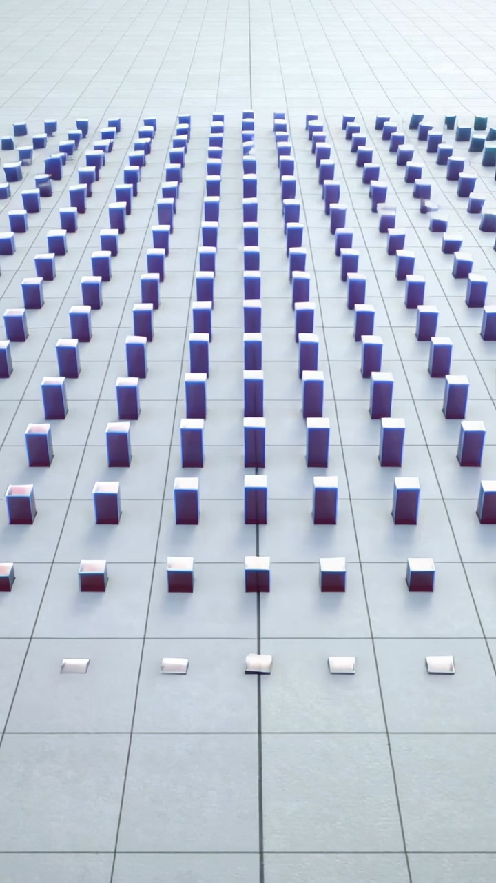 Vertical video: Emerging blue squares causing pillars rising on tiled plane at seam, forming grid