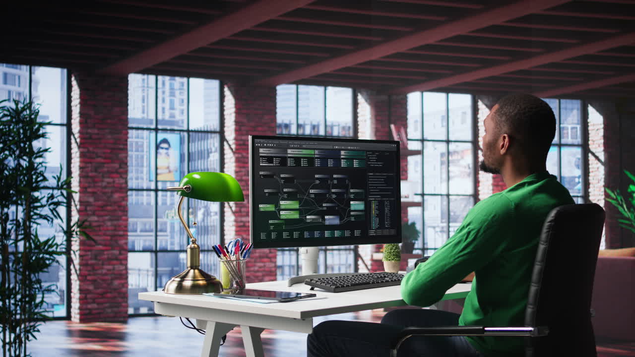 Vertical Video African american engineer at home working on visual coding on terminal window