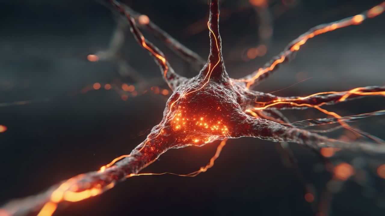 Intricate Neural Network Close-Up: A Stunning Visualization of Neurons and Synaptic Connections in Motion, Enhancing Our Understanding of Brain Function and Structure