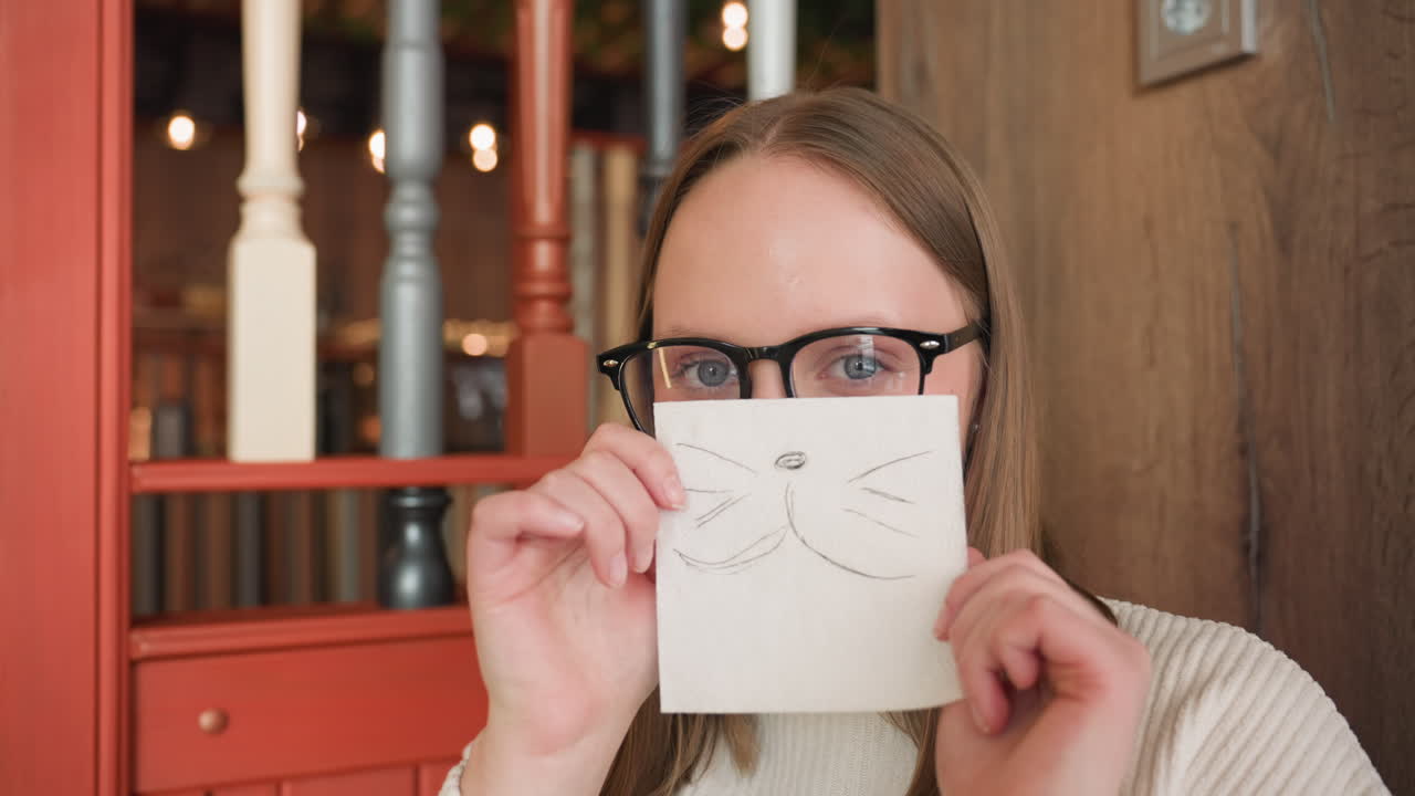 Woman in glasses and white sweater holding napkin with hand-drawn cat face sketch in front of her mouth while seated in cozy cafe, creating playful and lighthearted atmosphere with warm wooden decor